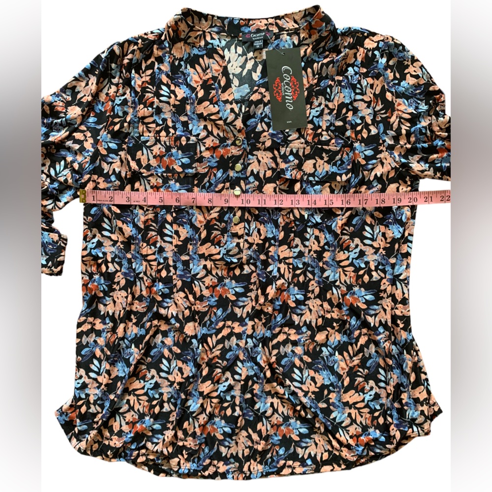 COCOMO 1X Plus Size Blue orange floral 3/4 sleeve women's Pintuck Blouse tunic - Picture 10 of 13